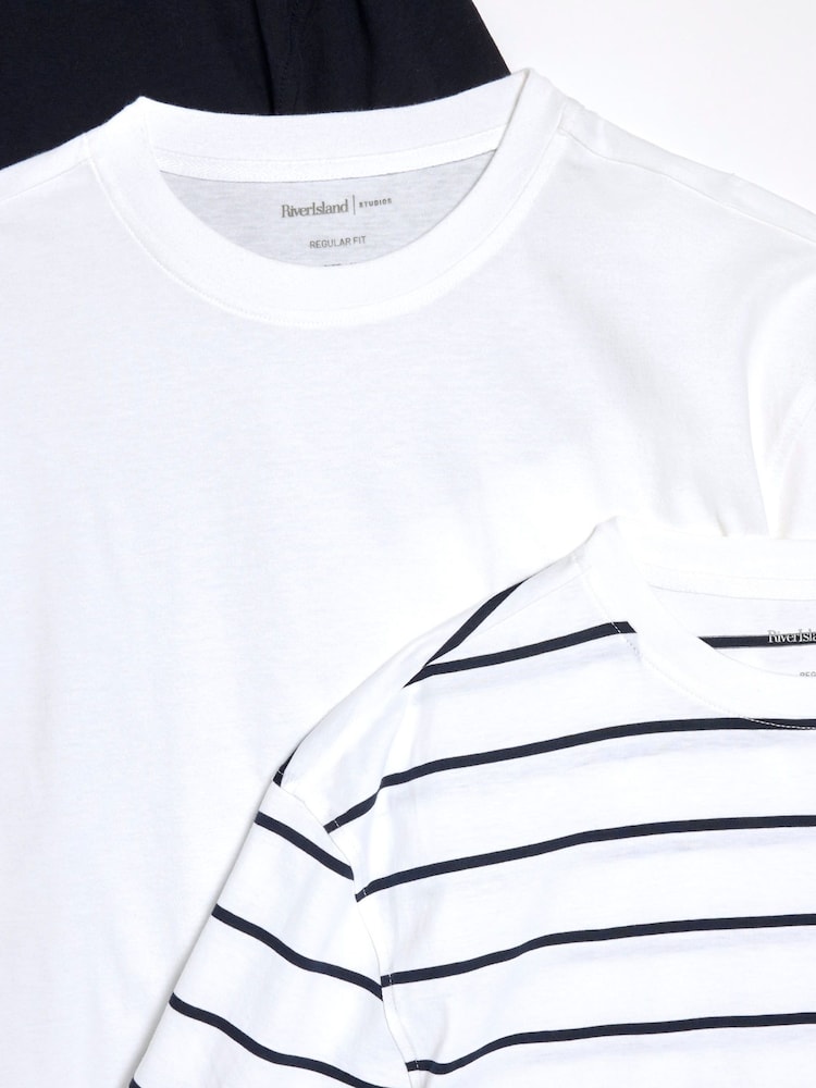 River Island White Slim Fit Stripe Mixed T-Shirts 3 Pack - Image 2 of 6