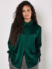 Apricot Green Oversized Satin Hi Low Shirt - Image 1 of 4