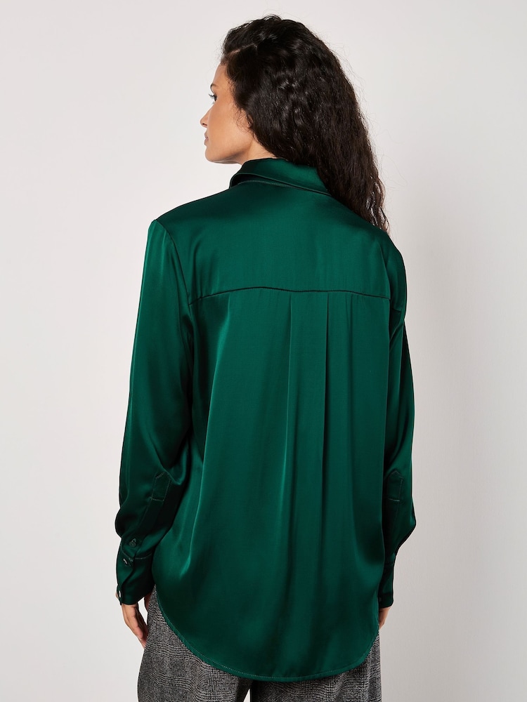 Apricot Green Oversized Satin Hi Low Shirt - Image 4 of 4