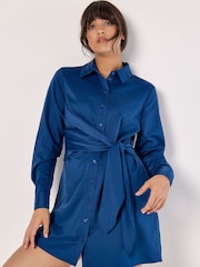 Apricot Blue Mini Tie Shirt Dress - Image 1 of 4