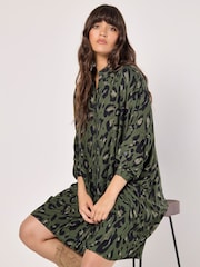 Apricot Green Cheetah Batwing High Low Shirt Dress - Image 1 of 4
