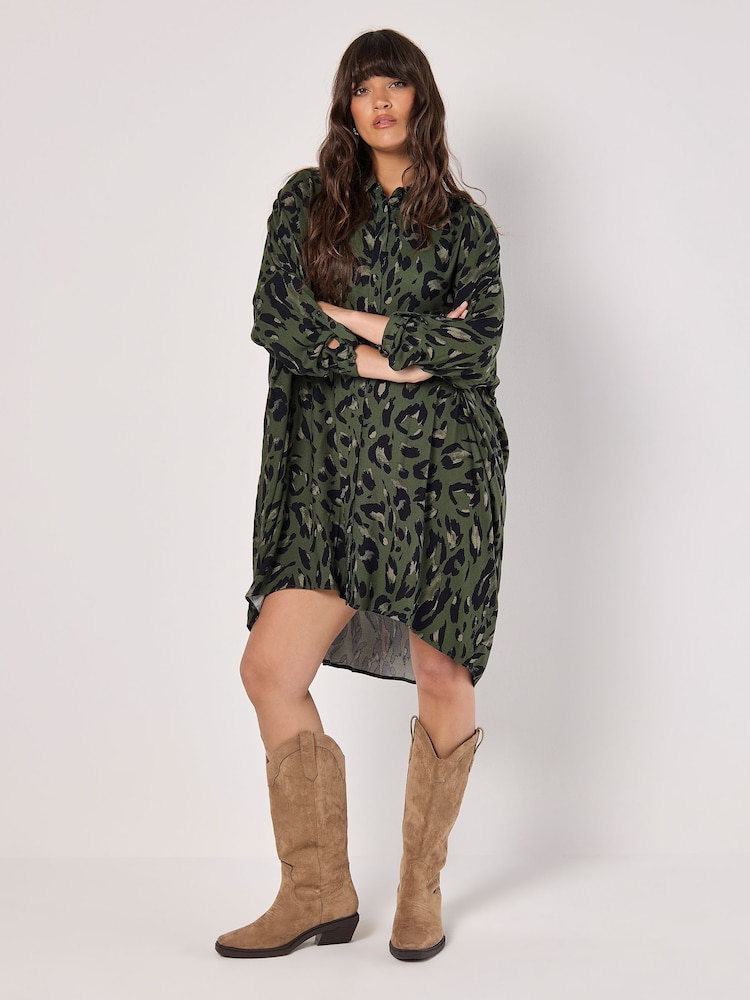 Apricot Green Cheetah Batwing High Low Shirt Dress - Image 2 of 4