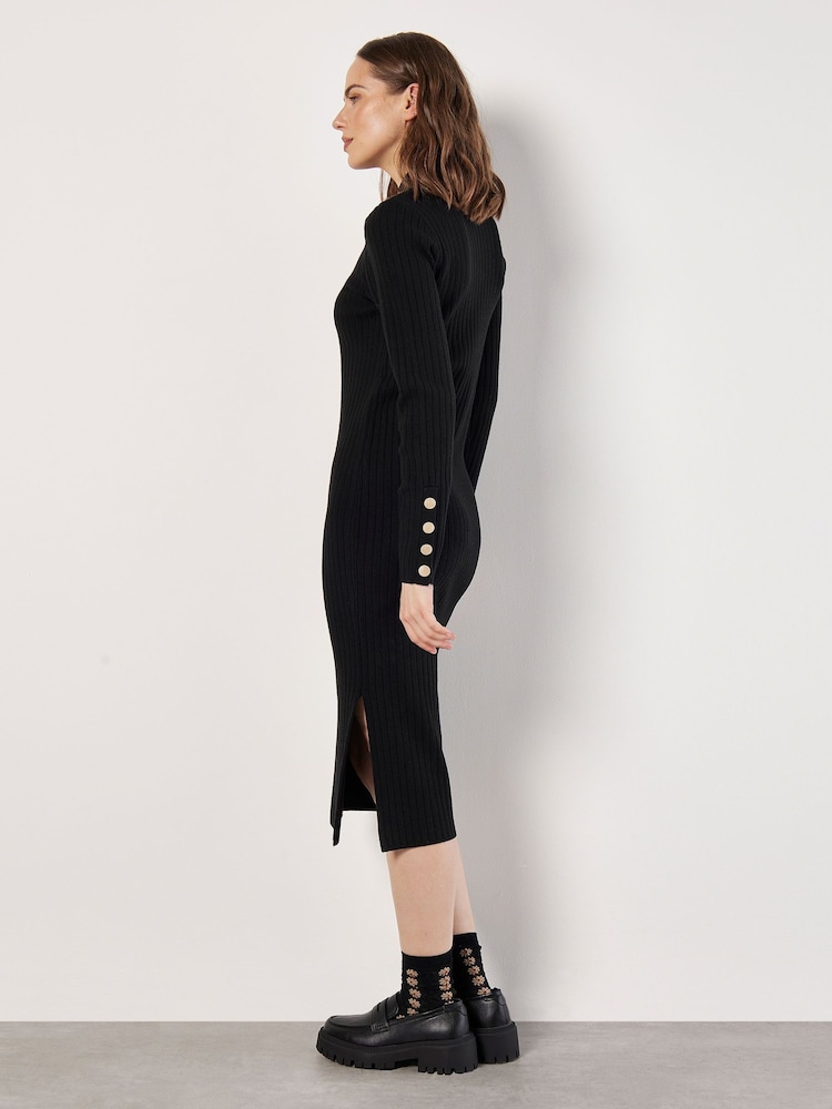Apricot Black Button Sleeve Ribbed Column Midi Dress - Image 4 of 4
