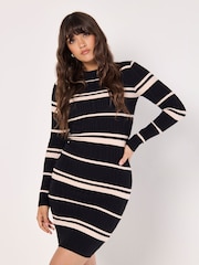 Apricot Black Stripe Ribbed Mock Neck Dress - Image 2 of 5