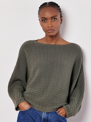 Apricot Green Cable Stripe Batwing Jumper - Image 1 of 5