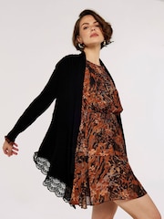 Apricot Black Ribbed Waterfall Crochet Edge Cardigan - Image 2 of 4
