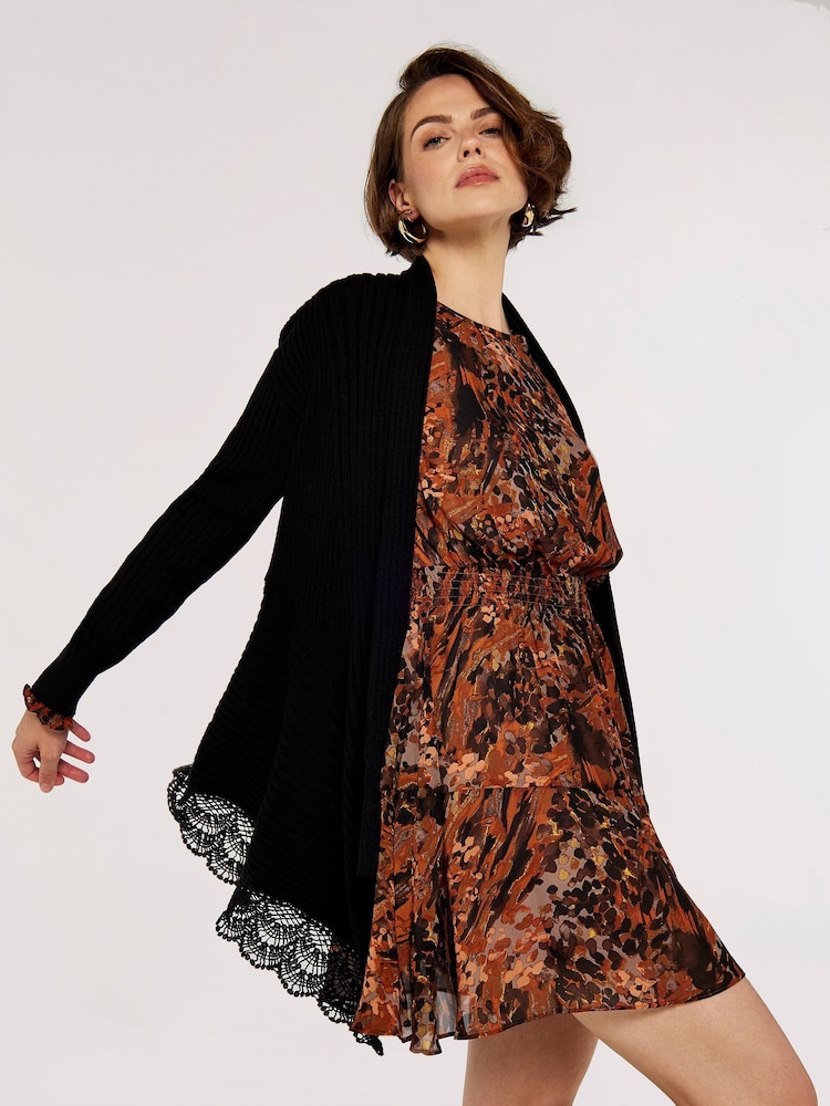 Apricot Black Ribbed Waterfall Crochet Edge Cardigan - Image 2 of 4