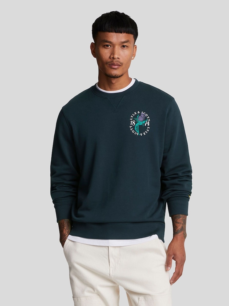 Lyle & Scott Blue Thistle Flora Printed Crew Neck 100% Cotton Sweatshirt - Image 1 of 5