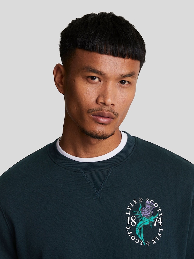 Lyle & Scott Blue Thistle Flora Printed Crew Neck 100% Cotton Sweatshirt - Image 2 of 5