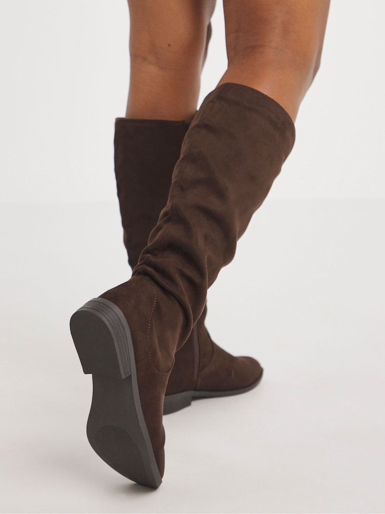 JD Williams Brown Wide Fit Microsuede Ruched Boots in Wide Fit - Image 2 of 3