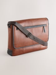 Tan Brown Contrast Leather Messenger Bag - Image 1 of 5