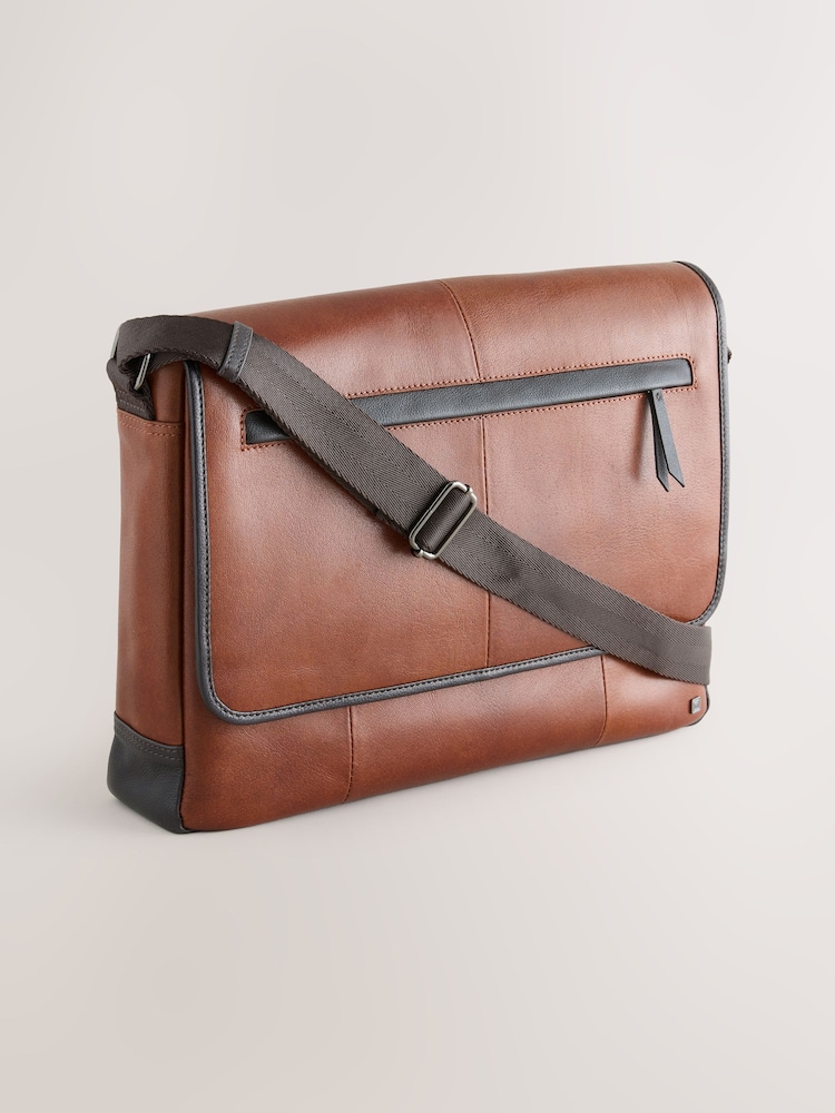 Tan Brown Contrast Leather Messenger Bag - Image 1 of 5 Tan Brown Contrast Leather Messenger Bag - Image 1 of 5