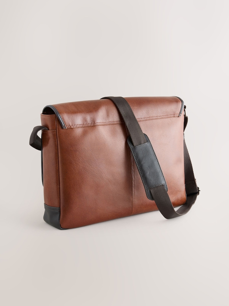 Tan Brown Contrast Leather Messenger Bag - Image 2 of 5