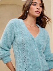 modra - Lipsy Cosy Eyelash kabel šiv biser učinek gumb V-izrez; z V-izrezom pletena jopa - Slika 1 iz 5
