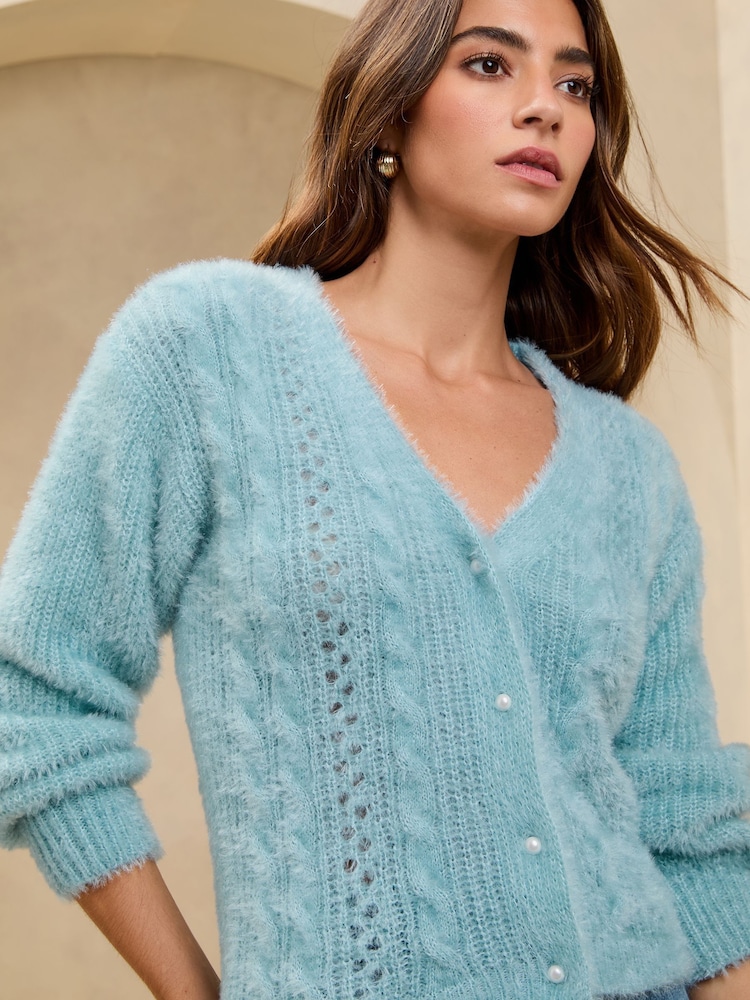 modra - Lipsy Cosy Eyelash kabel šiv biser učinek gumb V-izrez; z V-izrezom pletena jopa - Slika 1 iz 5