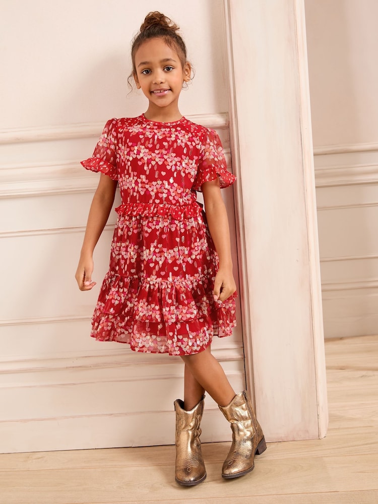 Love & Roses Red Heart Print Sparkle Chiffon Dress (5-16yrs) - Image 1 of 4