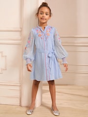 Love & Roses Blue Embroidered Long Sleeve Shirt Dress (5-16yrs) - Image 1 of 4