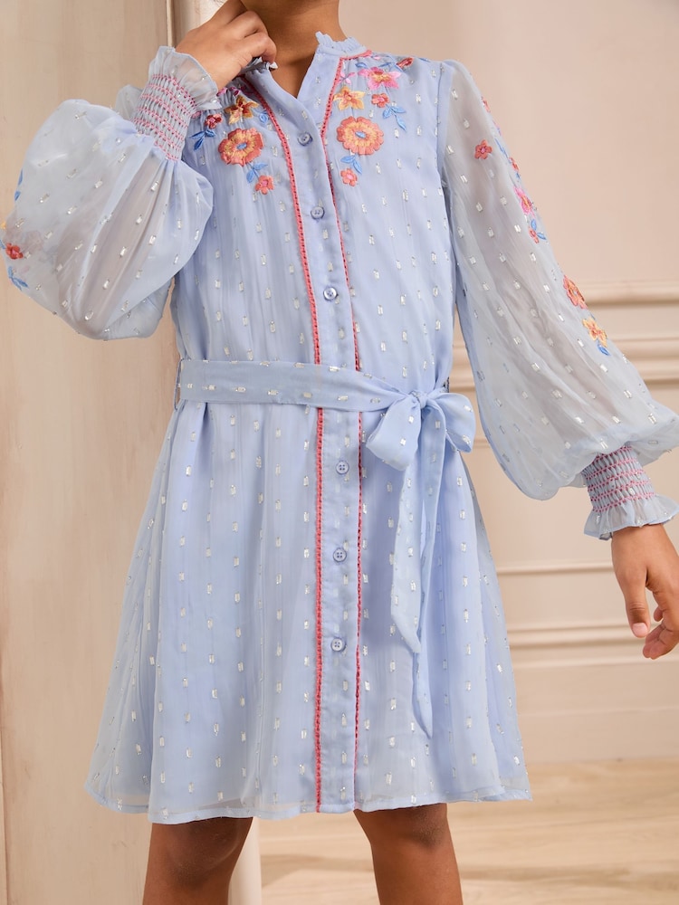 Love & Roses Blue Embroidered Long Sleeve Shirt Dress (5-16yrs) - Image 2 of 4