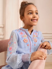 Love & Roses Blue Embroidered Long Sleeve Shirt Dress (5-16yrs) - Image 3 of 4
