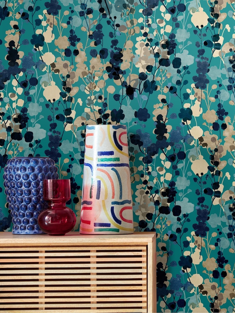 Ohpopsi Teal Natural Blossom 10M Wallpaper - Image 1 of 4