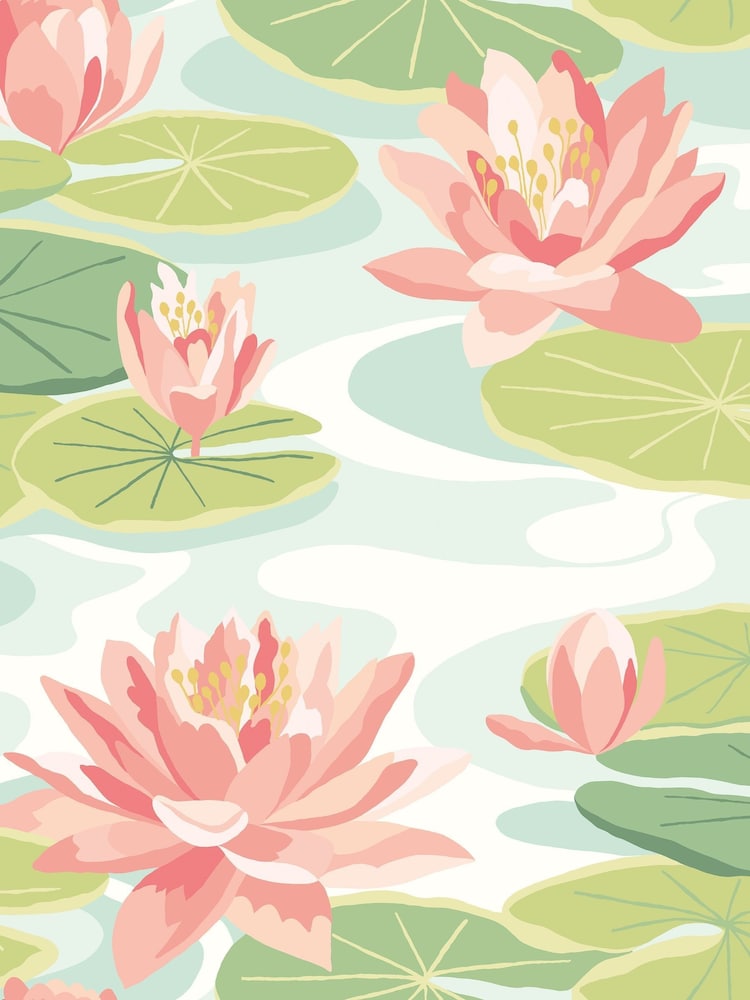 Ohpopsi Duck Egg and Coral Waterlily 10M Wallpaper - Image 1 of 2
