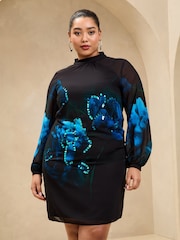 Lipsy Black Curve Sequin Floral Printed Long Sleeve Shift Mini Dress - Image 1 of 4