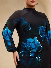 Lipsy Black Curve Sequin Floral Printed Long Sleeve Shift Mini Dress - Image 2 of 4