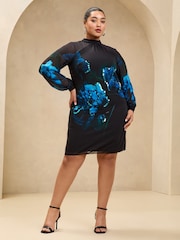 Lipsy Black Curve Sequin Floral Printed Long Sleeve Shift Mini Dress - Image 3 of 4