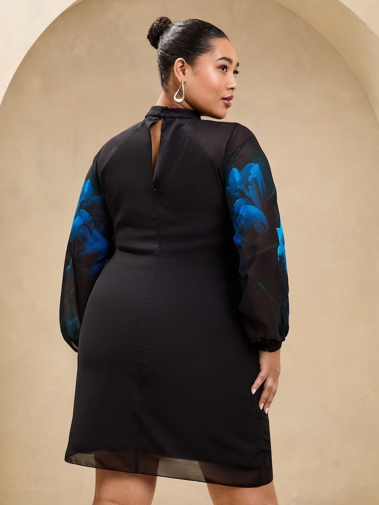 Lipsy Black Curve Sequin Floral Printed Long Sleeve Shift Mini Dress - Image 4 of 4