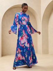 Lipsy Cobalt Blue Floral Printed High Neck Long Sleeve Pleated Maxi Dress - Image 1 of 4