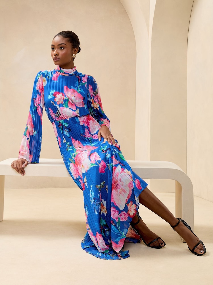 Lipsy Cobalt Blue Floral Printed High Neck Long Sleeve Pleated Maxi Dress - Image 2 of 4