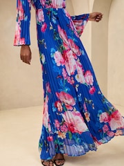 Lipsy Cobalt Blue Floral Printed High Neck Long Sleeve Pleated Maxi Dress - Image 3 of 4