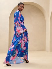Lipsy Cobalt Blue Floral Printed High Neck Long Sleeve Pleated Maxi Dress - Image 4 of 4