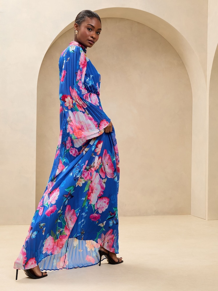 Lipsy Cobalt Blue Floral Printed High Neck Long Sleeve Pleated Maxi Dress - Image 4 of 4
