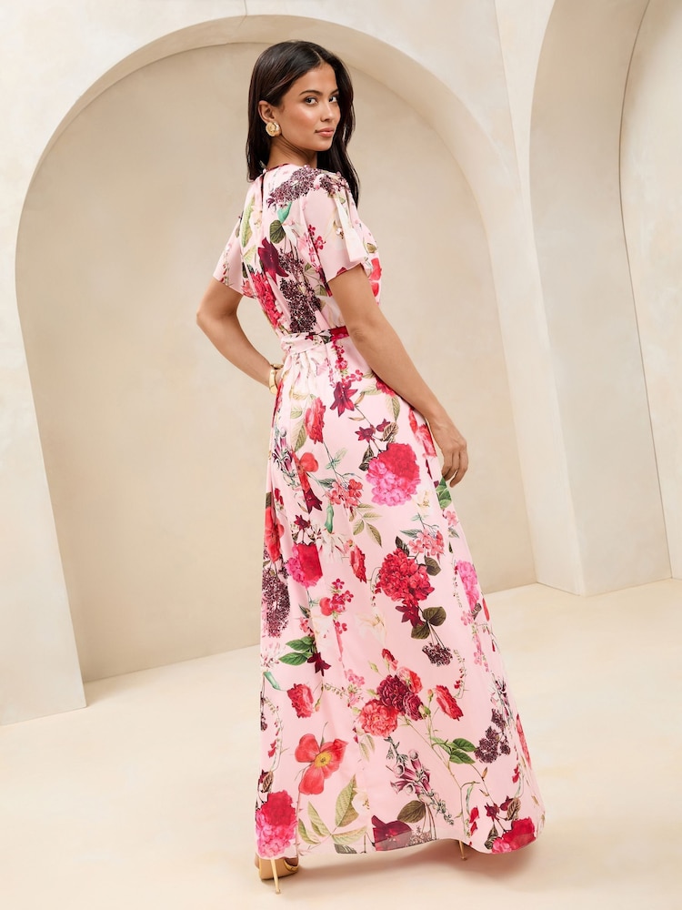 Lipsy Pink Floral Embellished Short Sleeve Belted Maxi Dress - Image 2 of 4