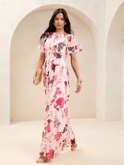 Lipsy Pink Floral Embellished Short Sleeve Belted Maxi Dress - Image 4 of 4