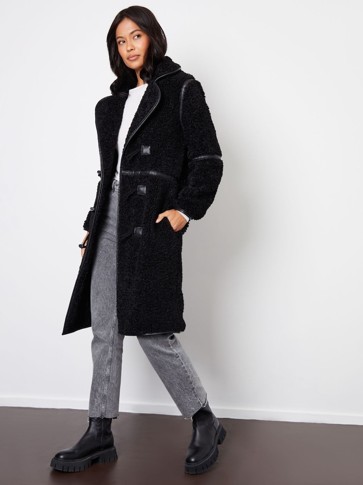 Threadbare Black Longline Borg Toggle Coat With PU Trim - Image 1 of 4