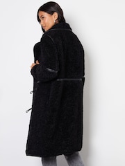 Threadbare Black Longline Borg Toggle Coat With PU Trim - Image 2 of 4