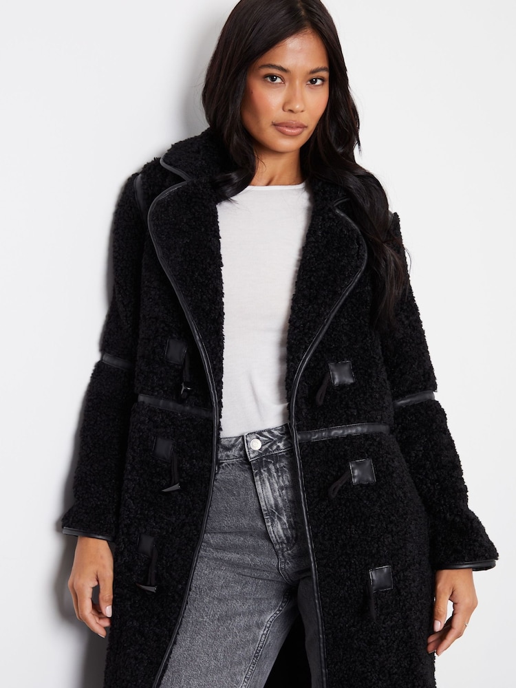 Buy Threadbare Black Longline Borg Toggle Coat With PU Trim from