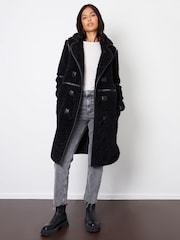 Threadbare Black Longline Borg Toggle Coat With PU Trim - Image 4 of 4