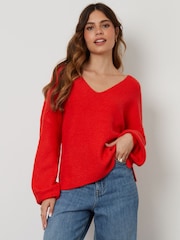 Threadbare Red Ribbed V-Neck Jumper - Image 1 of 5