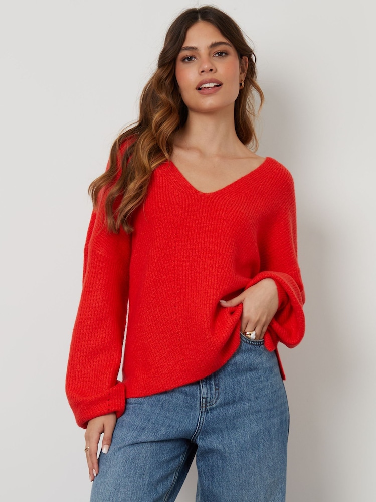 Threadbare Red Ribbed V-Neck Jumper - Image 1 of 5