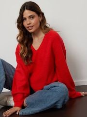 Threadbare Red Ribbed V-Neck Jumper - Image 2 of 5