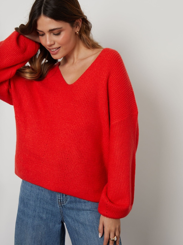 Threadbare Red Ribbed V-Neck Jumper - Image 5 of 5