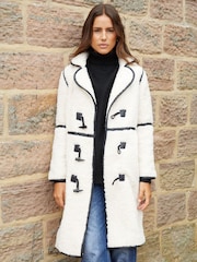 Threadbare Natural Longline Borg Toggle Coat With PU Trim - Image 1 of 5