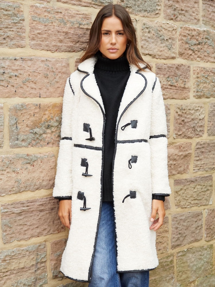 Threadbare Natural Longline Borg Toggle Coat With PU Trim - Image 1 of 5
