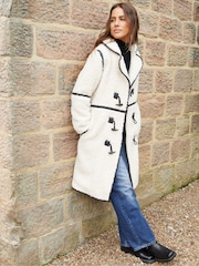 Threadbare Natural Longline Borg Toggle Coat With PU Trim - Image 3 of 5