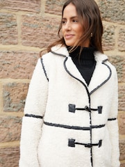 Threadbare Natural Longline Borg Toggle Coat With PU Trim - Image 4 of 5