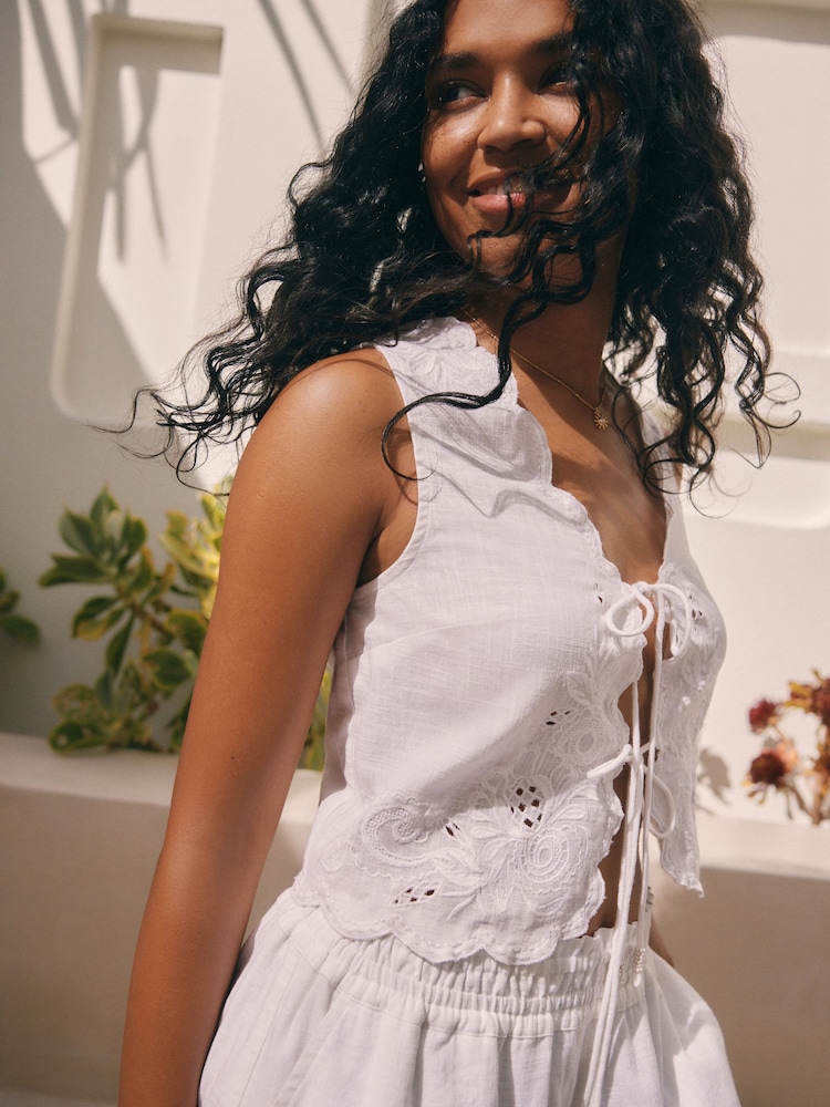 White Embroidered 100% Cotton Summer Waistcoat - Image 1 of 7