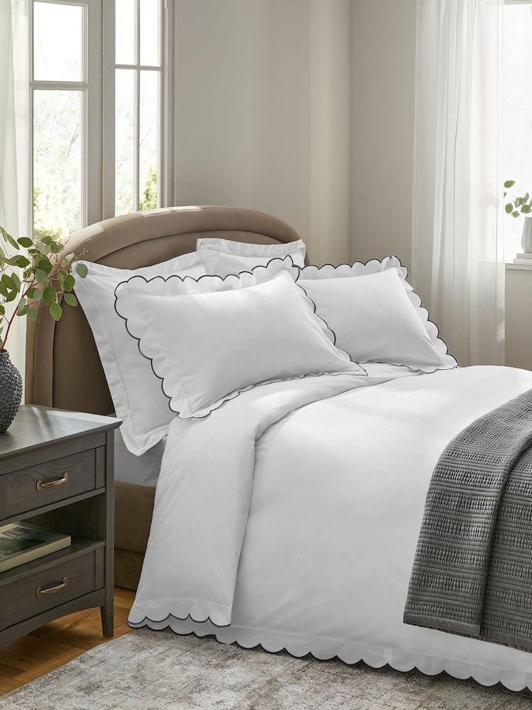 White and Charcoal 200 Thread Count Scallop Duvet Cover and Pillowcase Set - Image 1 of 4